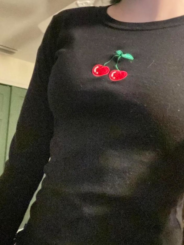 Mighty Fine Black Long Sleeve Top With Red Cherry Patch